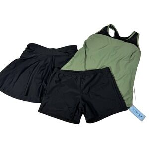 Yonique Tankini L Modest Swim Set Green Top Black Shorts Skort Mix Match